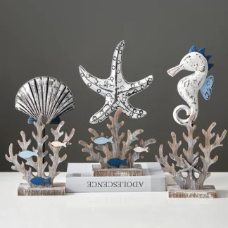 Wood Crafts Mediterranean Ocean Fish Coral Shell Miniature Statue Ornaments Decoration (4PCS/Set)