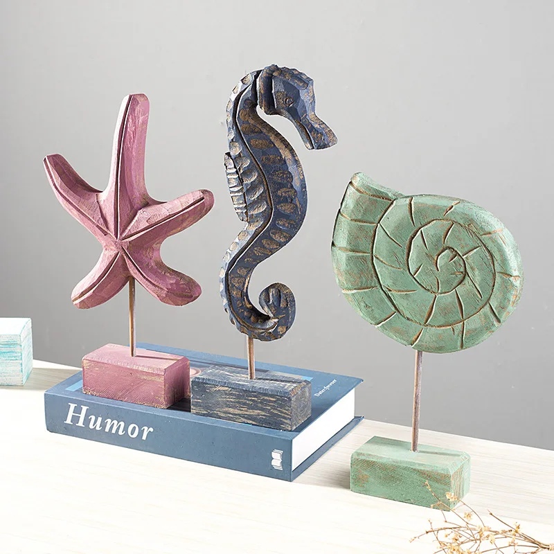 Colorful Nautical Wood Starfish Conch Seahorse Figurines Beach Style Home Decor (3PCS/Set)