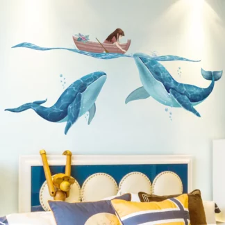 Cartoon Girl and Whales Ocean DIY Wall Sticker Decals for Home Decoration