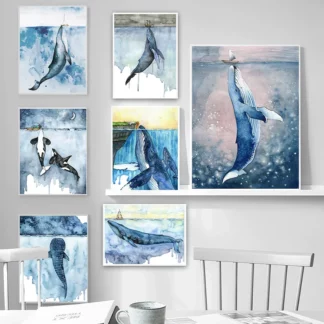 Watercolor Marine Whale Poster Canvas Painting Sea Life Wall Art (4PCS/Set )