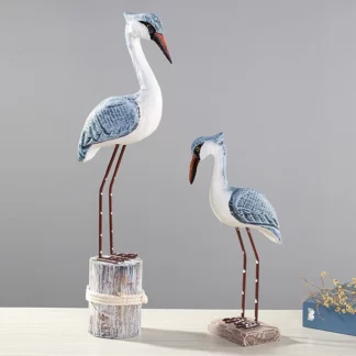 2PCS Sea Bird Figurine Garden Statue Wooden Ornaments Decoration
