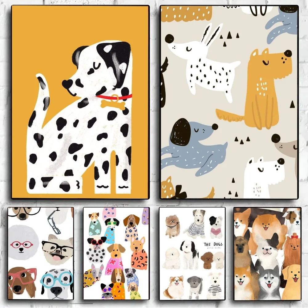 Vintage Cartoon Cute Dog Anime Illustration Poster Wall Art Painting (4PCS/Set)