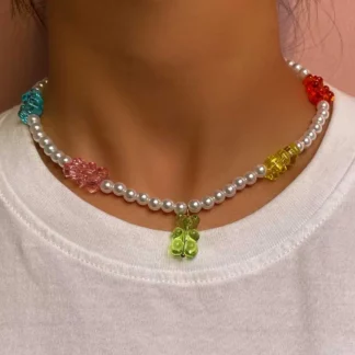 Y2k Colorful Gummy Bear Pendant Pearl Beads Choker Necklace