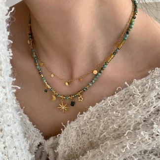 Vintage Natural Stone Star Charm Double Beaded Necklace