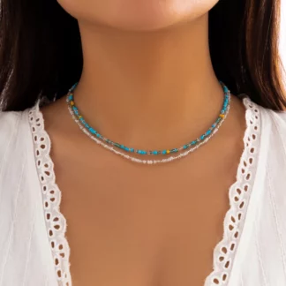 Bohemia Blue Color Acrylic Seed Beaded Choker Necklace