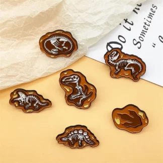 Retro Punk Weathered Stone Dinosaur Design Metal Enamel Brooch Pins (6PCS/Set)