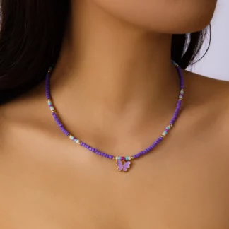 Y2K Colorful Butterfly Pendant Beadded Necklace Jewelry