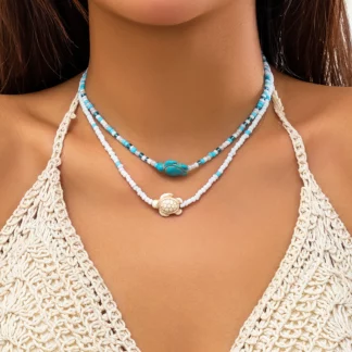 Ocean Vibe Turtle Charm Double Layer Boho Beaded Necklace Jewelry