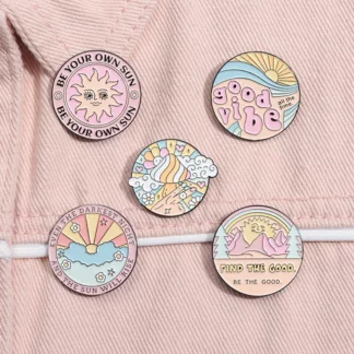 Retro Cartoon sun Good Vibe Round Metal Badge Enamel Lapel Pins (5PCS/Set)