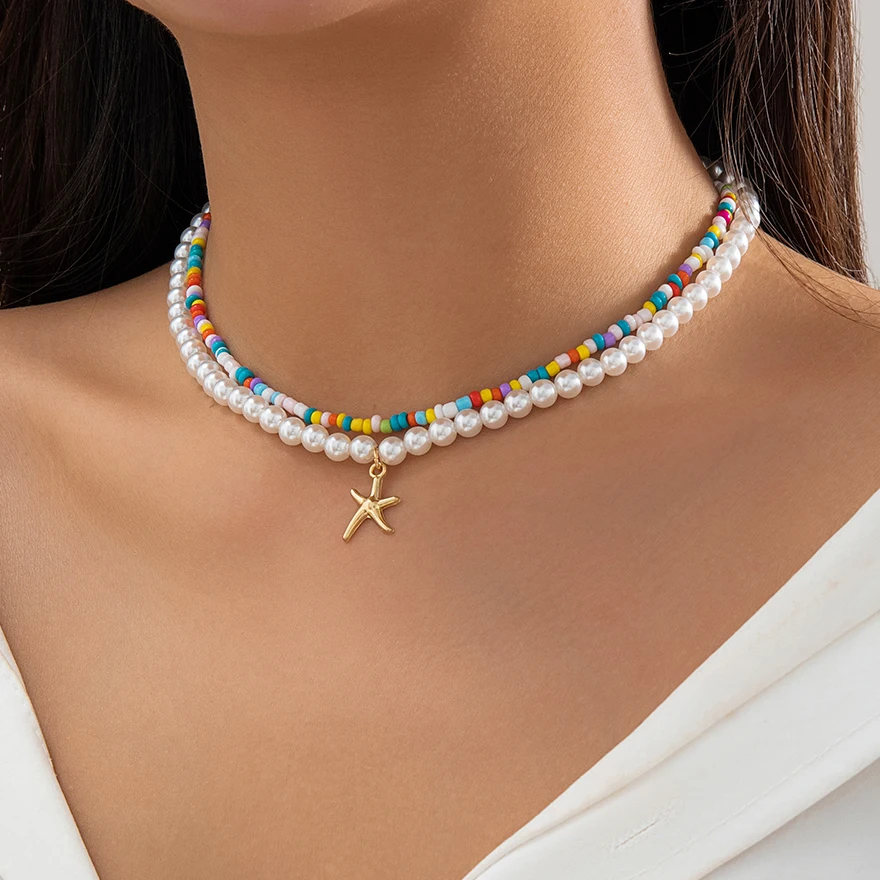 Y2K Colorful Pearl Seed Double Beads Pendant Chokers Jewelry