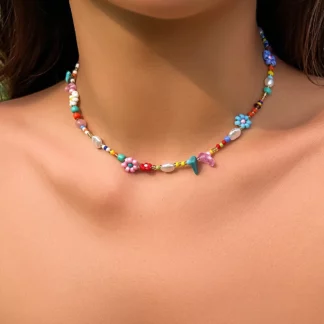 Y2K Style Multicolor Handwoven Flower Seed Beaded Choker Necklace