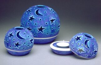 Stars Moon Lantern, Blue Purple Candileria Luminary, Ceramic Candle Holder