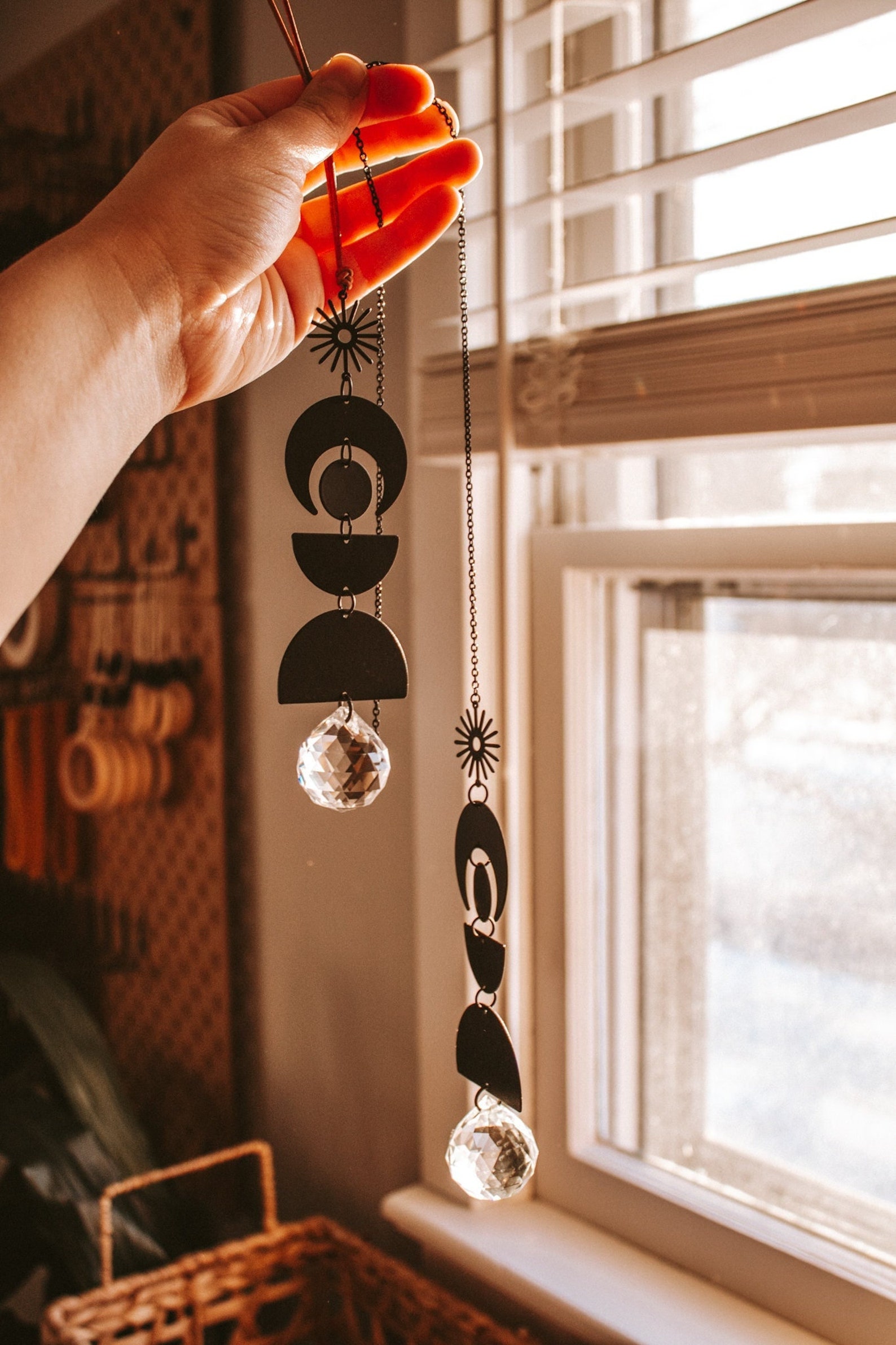 Black Metal Sun Catcher, Hanging Crystal Prism, Boho Home Decor - Image 2