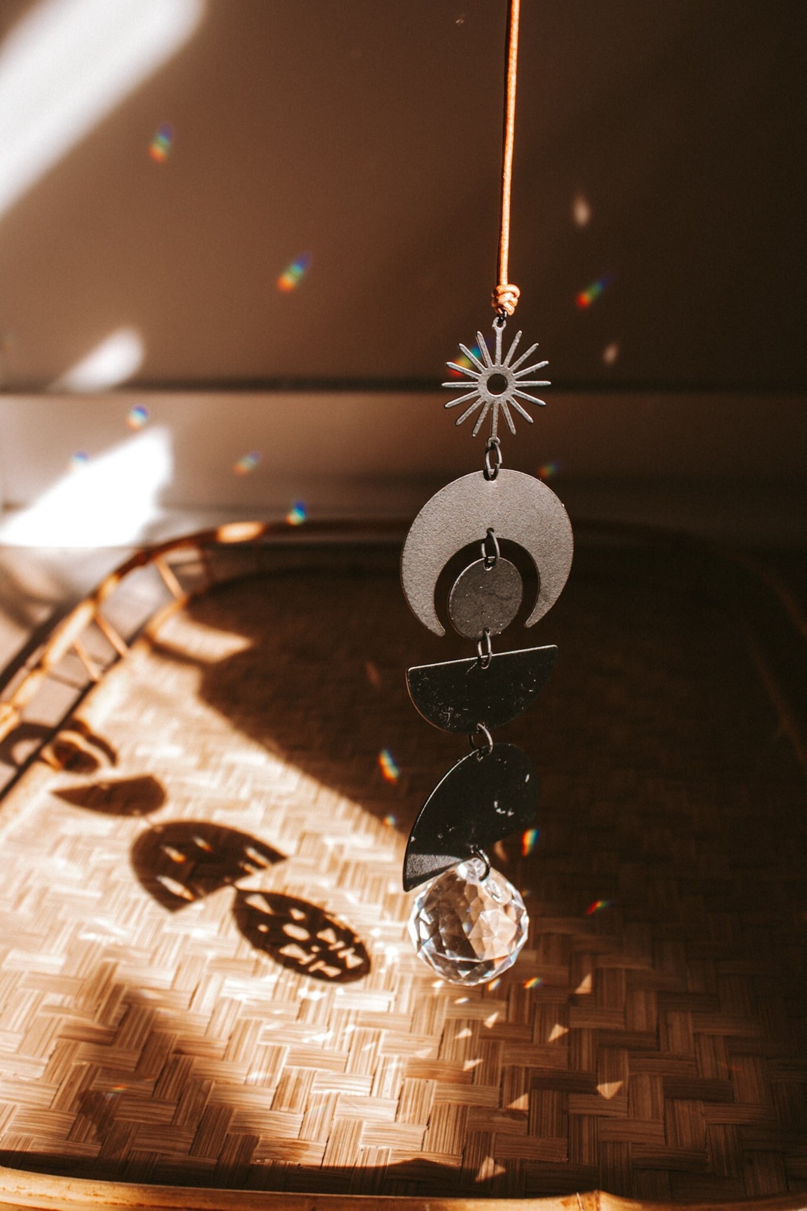 Black Metal Sun Catcher, Hanging Crystal Prism, Boho Home Decor