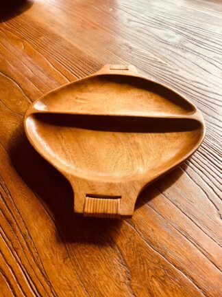 Mid Century Modern Wood Divided Tray With Rattan Handles Signed Arthur Umanoff