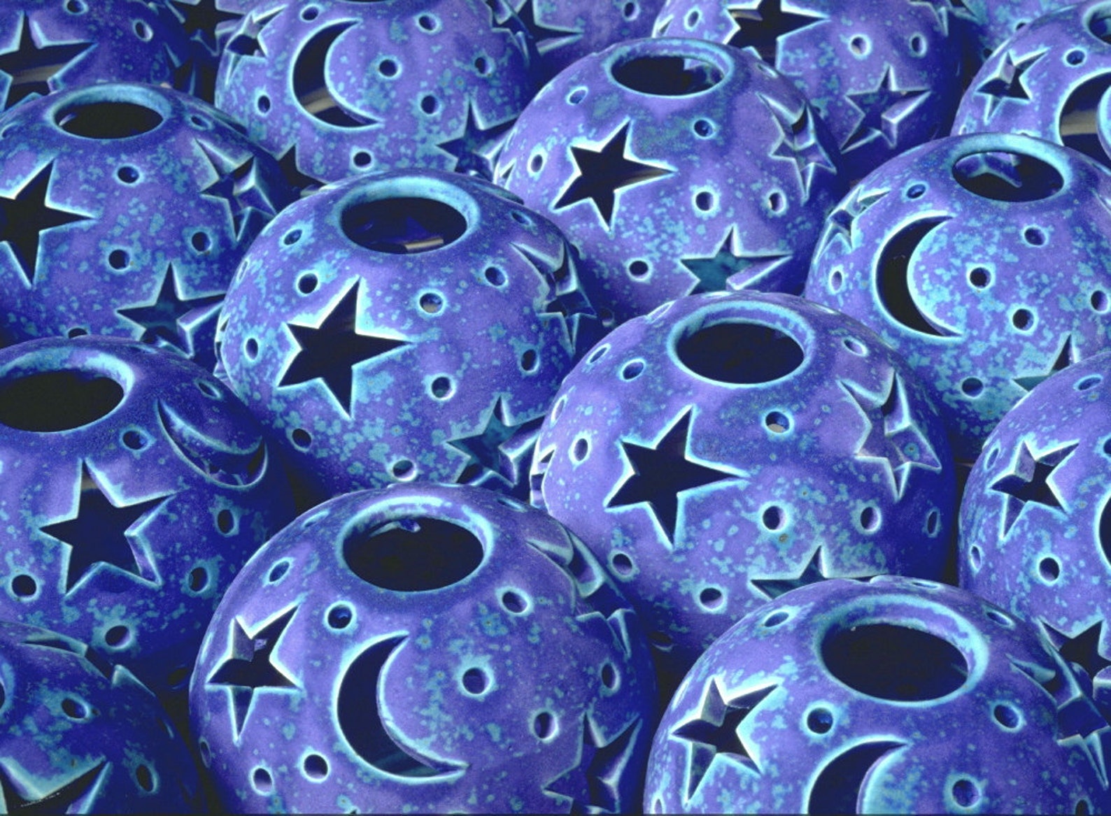 Stars Moon Lantern, Blue Purple Candileria Luminary, Ceramic Candle Holder - Image 2