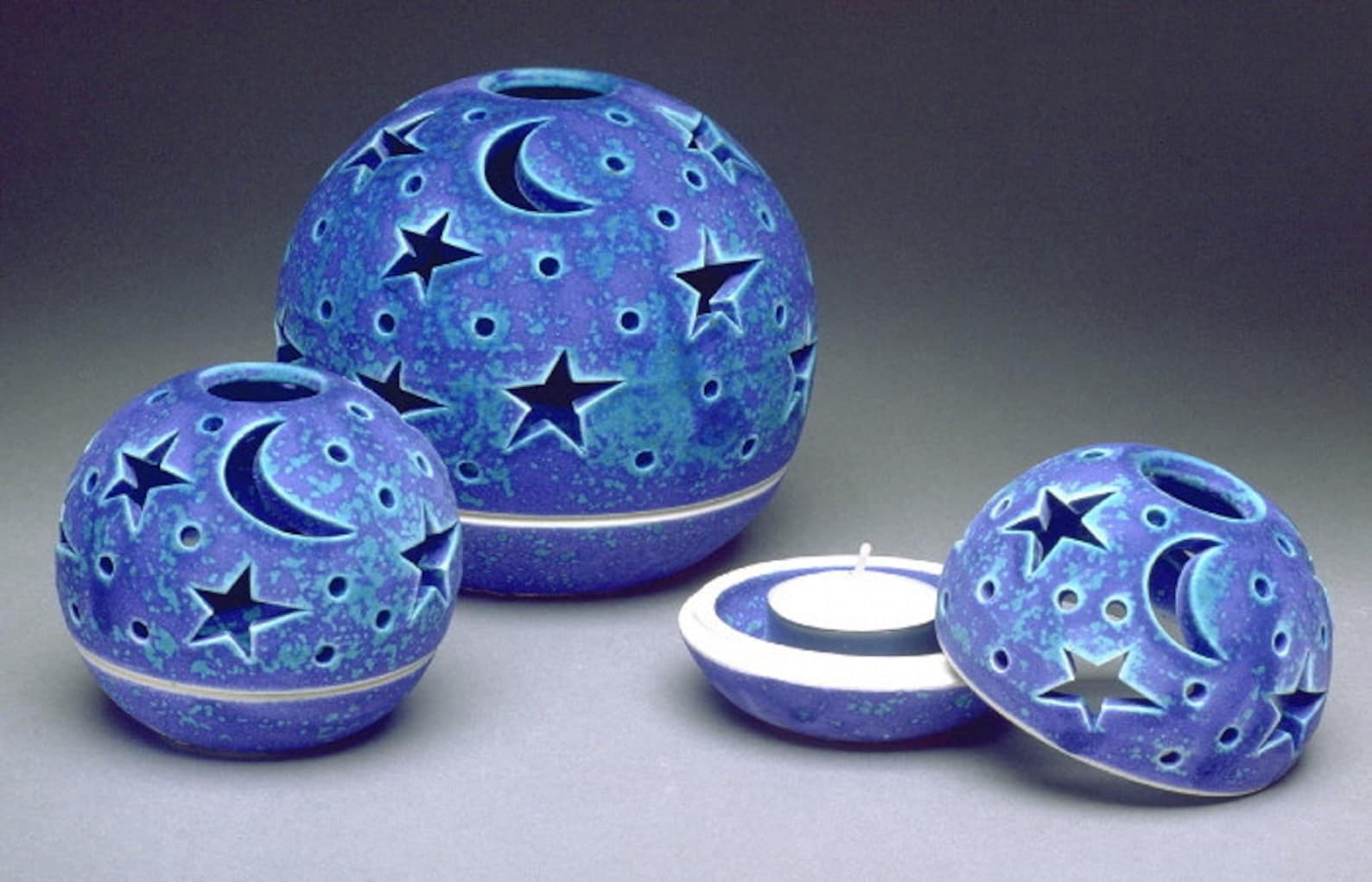 Stars Moon Lantern, Blue Purple Candileria Luminary, Ceramic Candle Holder - Image 4