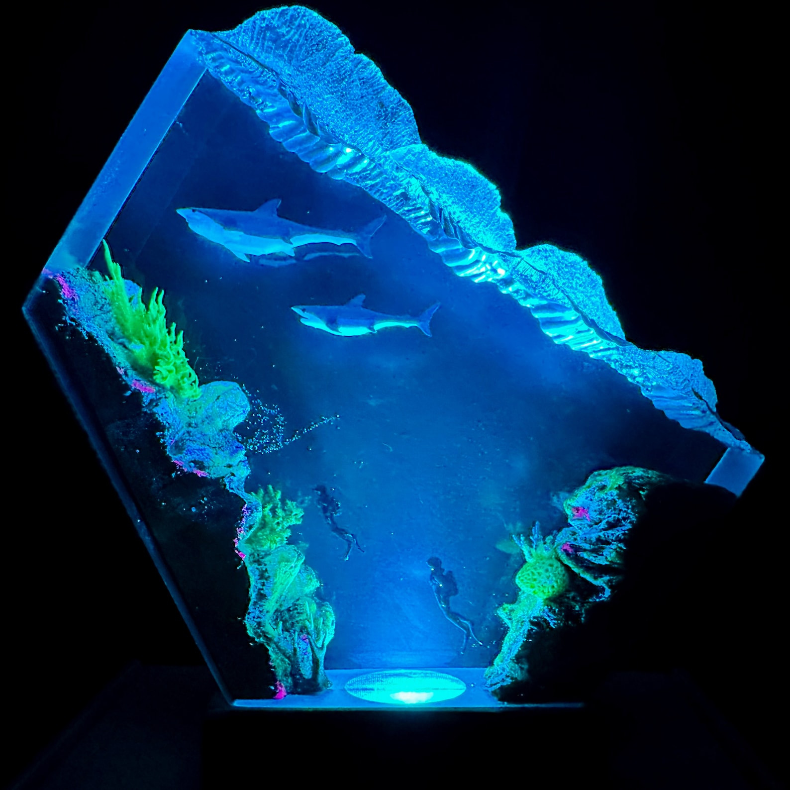 Unique Hammerhead Shark And Diver Resin Lamp