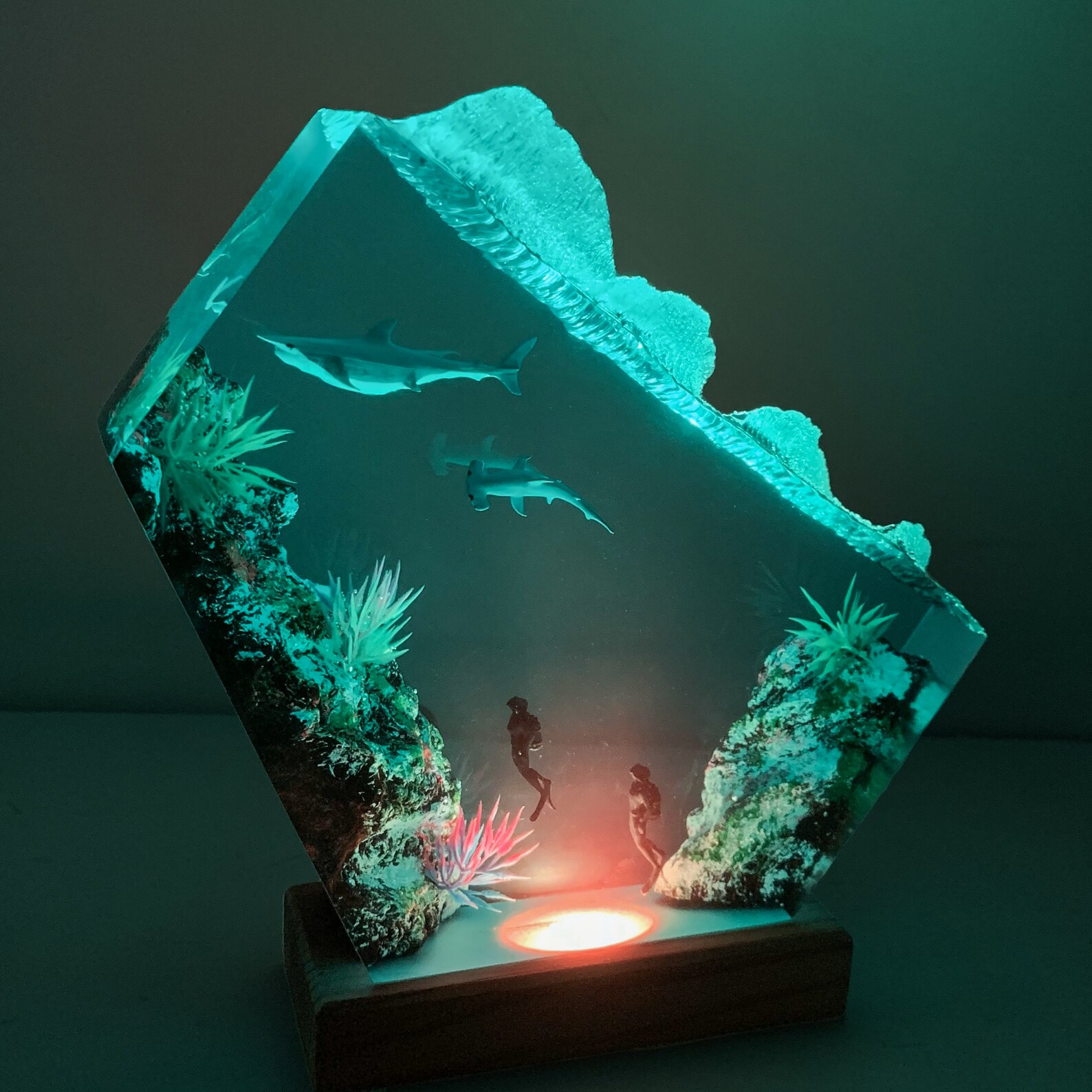 Unique Hammerhead Shark And Diver Resin Lamp - Image 4