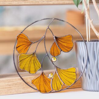Fall Ginkgo Biloba Stained Glass Autumn Leaves Suncatcher