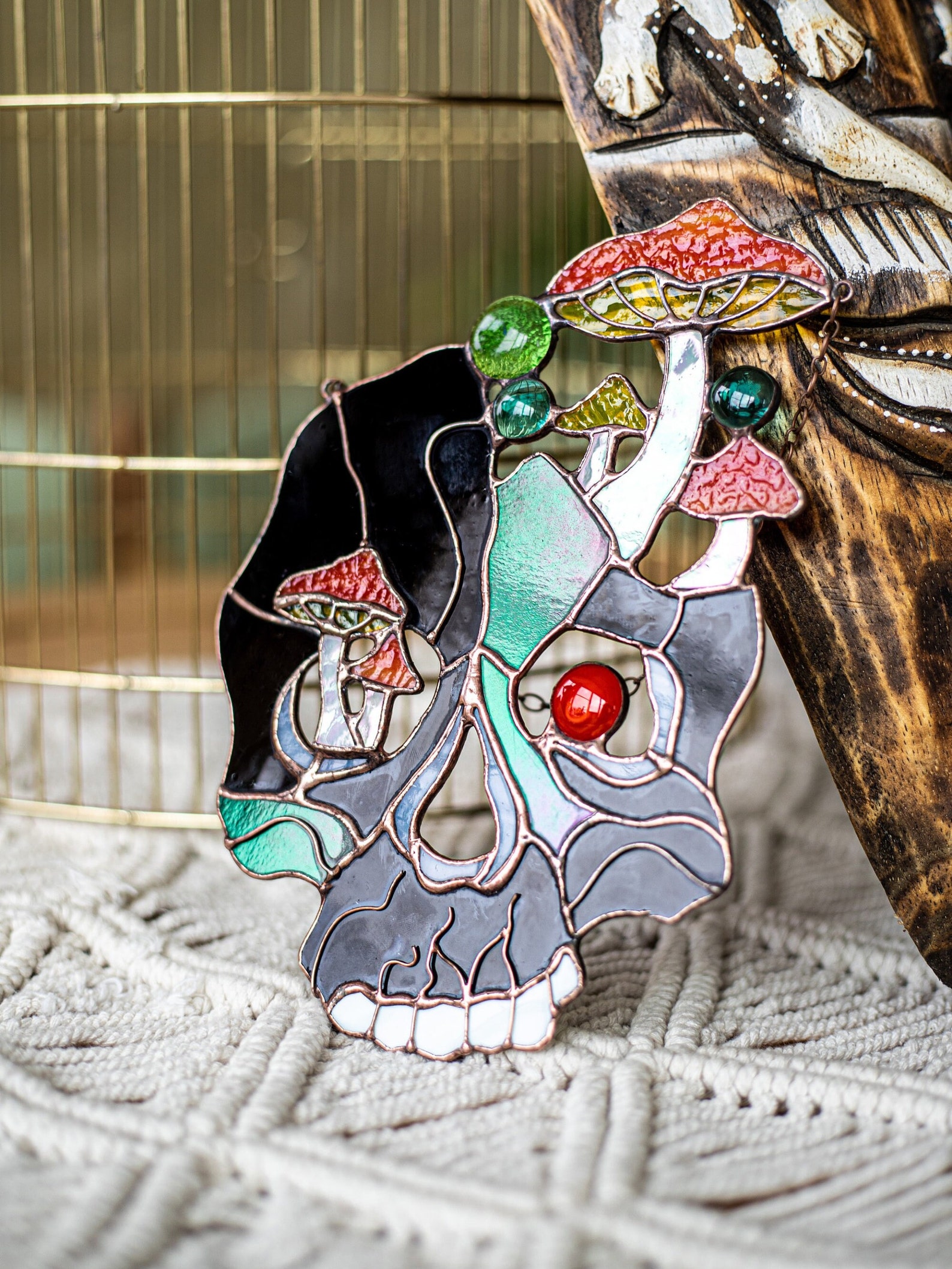 Gothic Suncatcher Skull Amanita Stained Glass Horror - Image 3