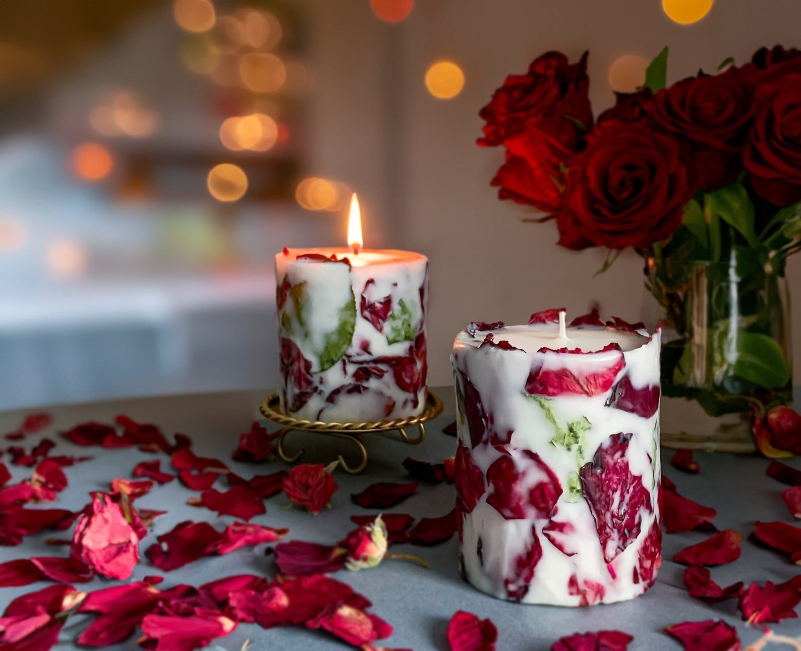 Candle With Dried Rose Petal Blossoms