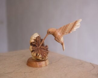 Wooden Hummingbird Feeding On A Flower, Handmade Sculpture