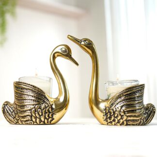 Pair of Swans Figurine, Brass Finish Kissing Birds Statue