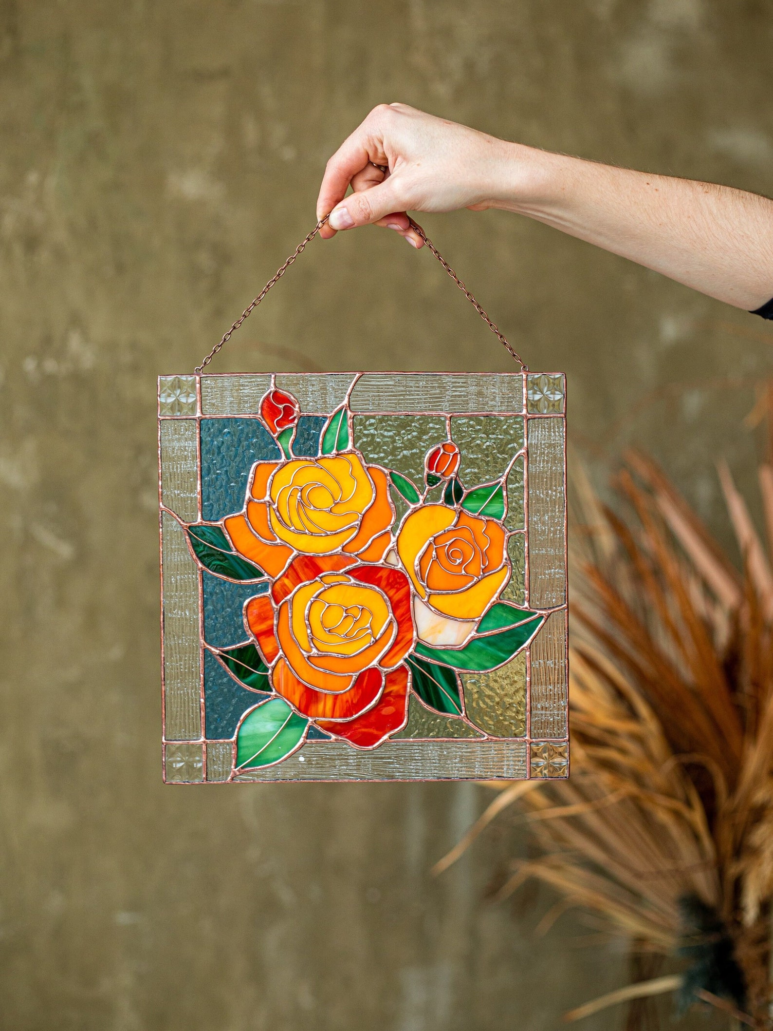 Roses Flower Suncatcher Orange Stained glass Home - Image 3