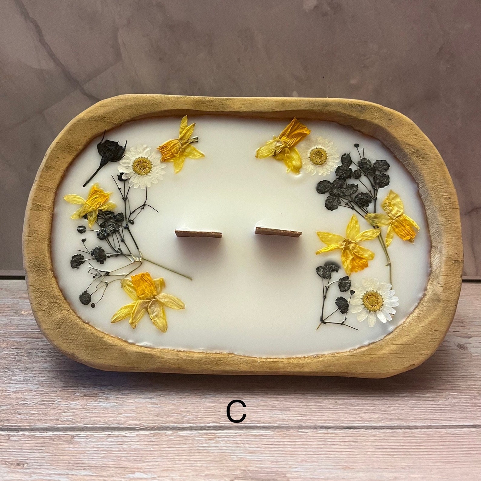 Wood Dough Bowl Candle With Dried Flower And/Or Berries - Image 3
