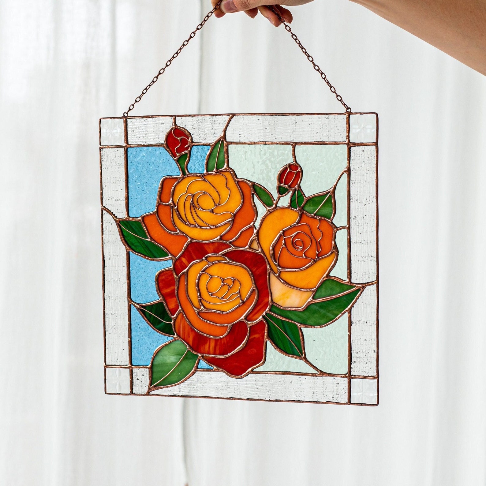 Roses Flower Suncatcher Orange Stained glass Home