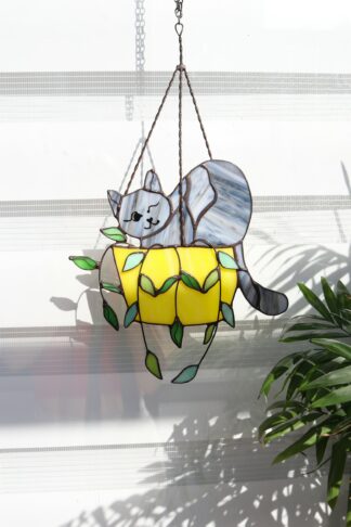 Cat In A Flowerpot Suncatcher Stained Glass Window Hangins