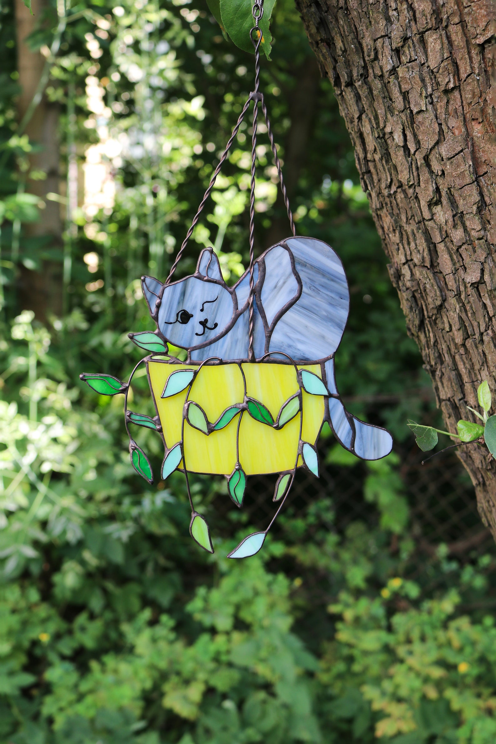 Cat In A Flowerpot Suncatcher Stained Glass Window Hangins - Image 3