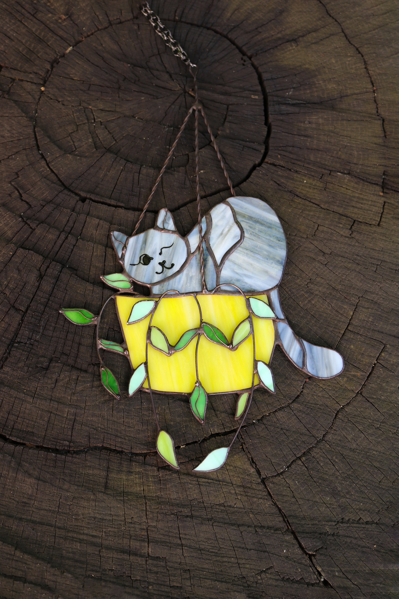 Cat In A Flowerpot Suncatcher Stained Glass Window Hangins - Image 7