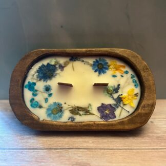 Wood Dough Bowl Candle With Dried Flower And/Or Berries