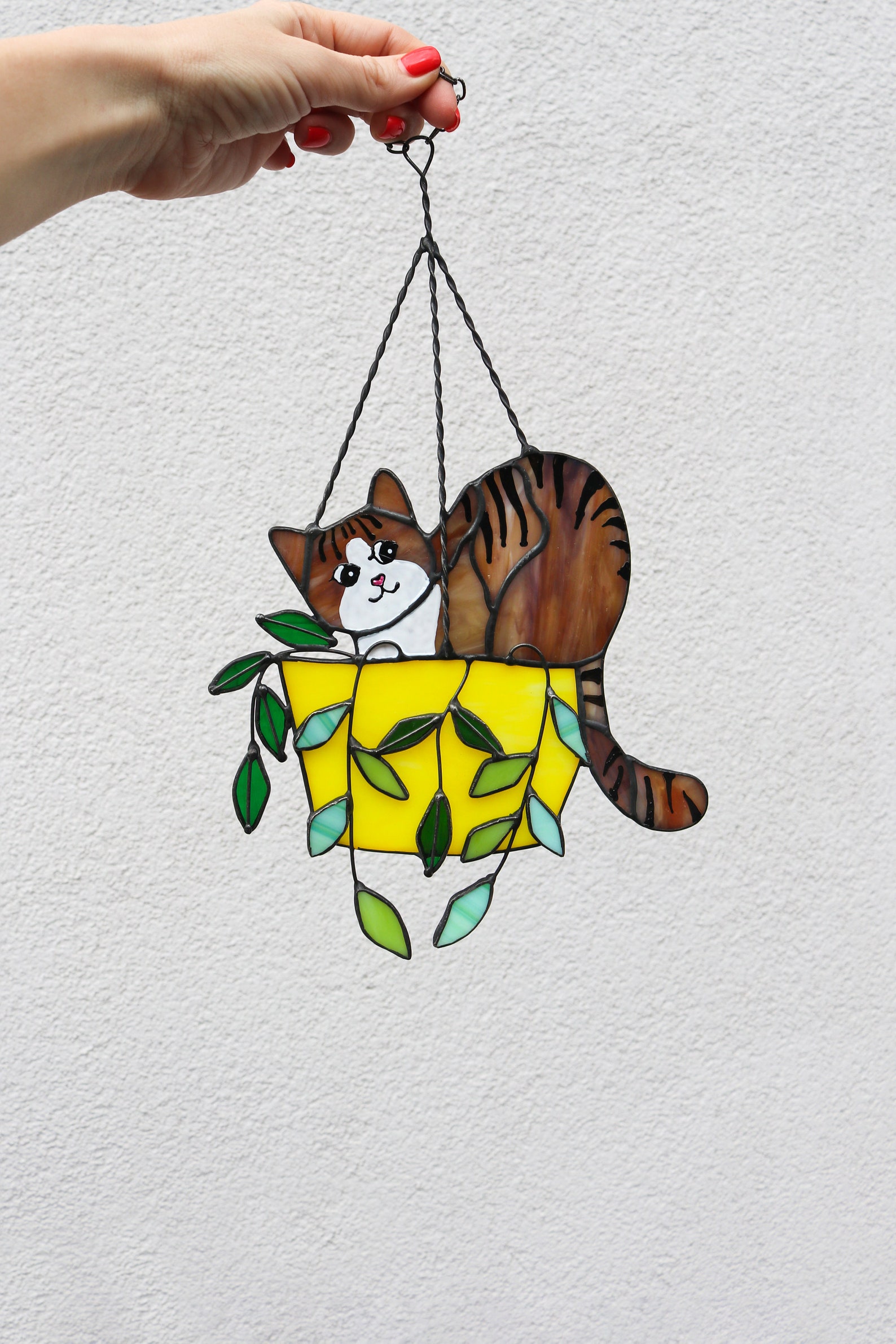 Cat In A Flowerpot Suncatcher Stained Glass Window Hangins - Image 6