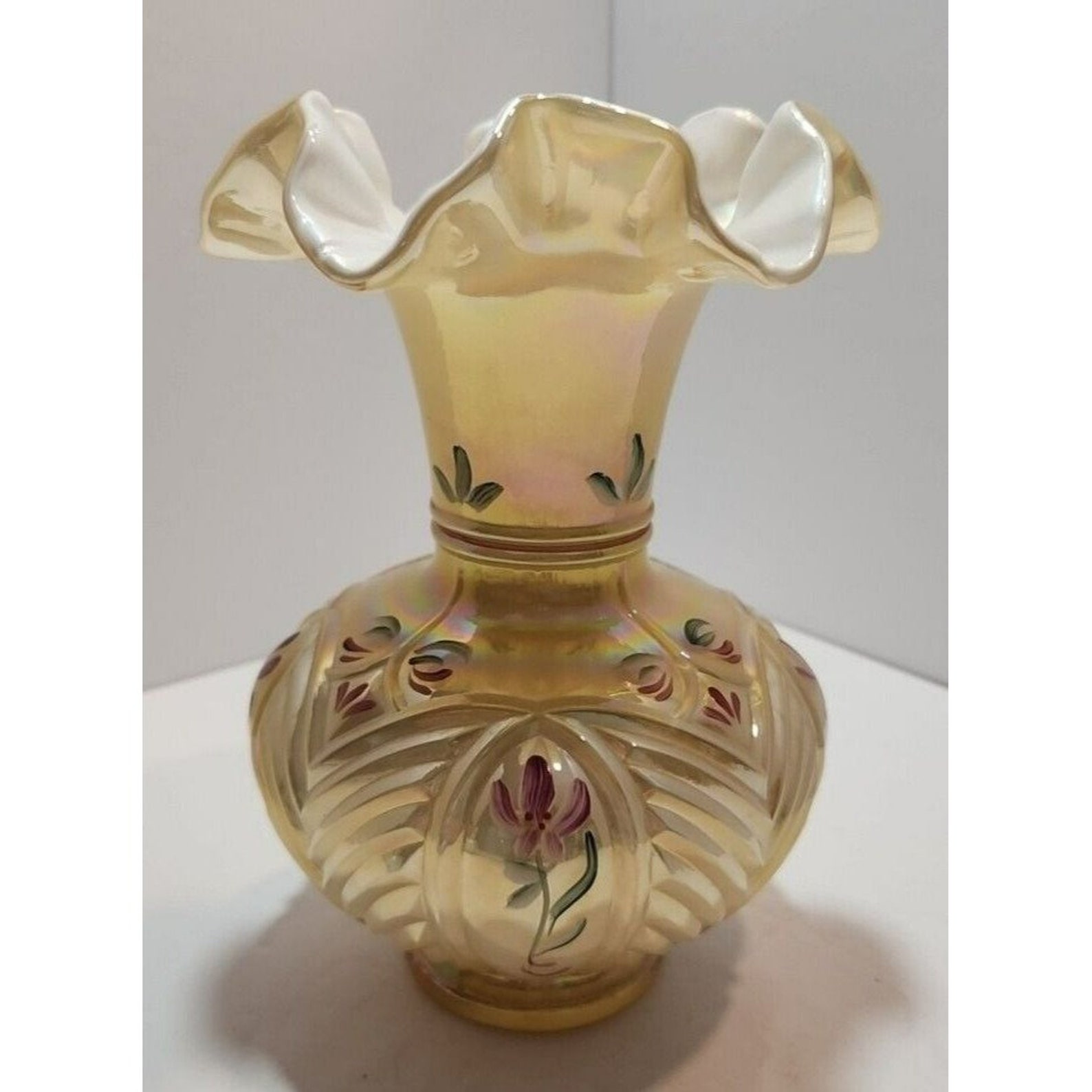 Vtg Fenton 1990's Gold Overlay Floral Melon Vase Handpainted by Angie Ankrom