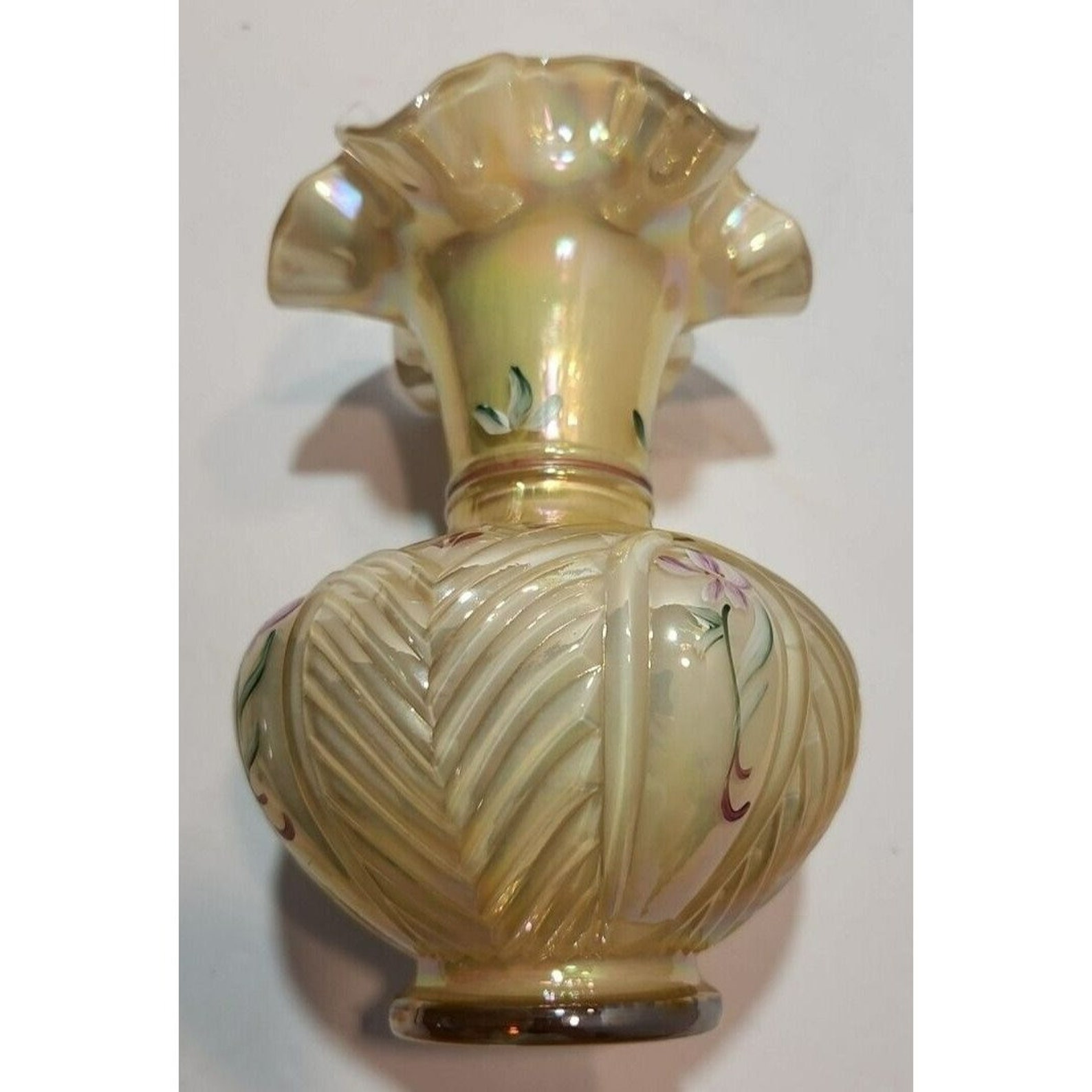 Vtg Fenton 1990's Gold Overlay Floral Melon Vase Handpainted by Angie Ankrom - Image 2