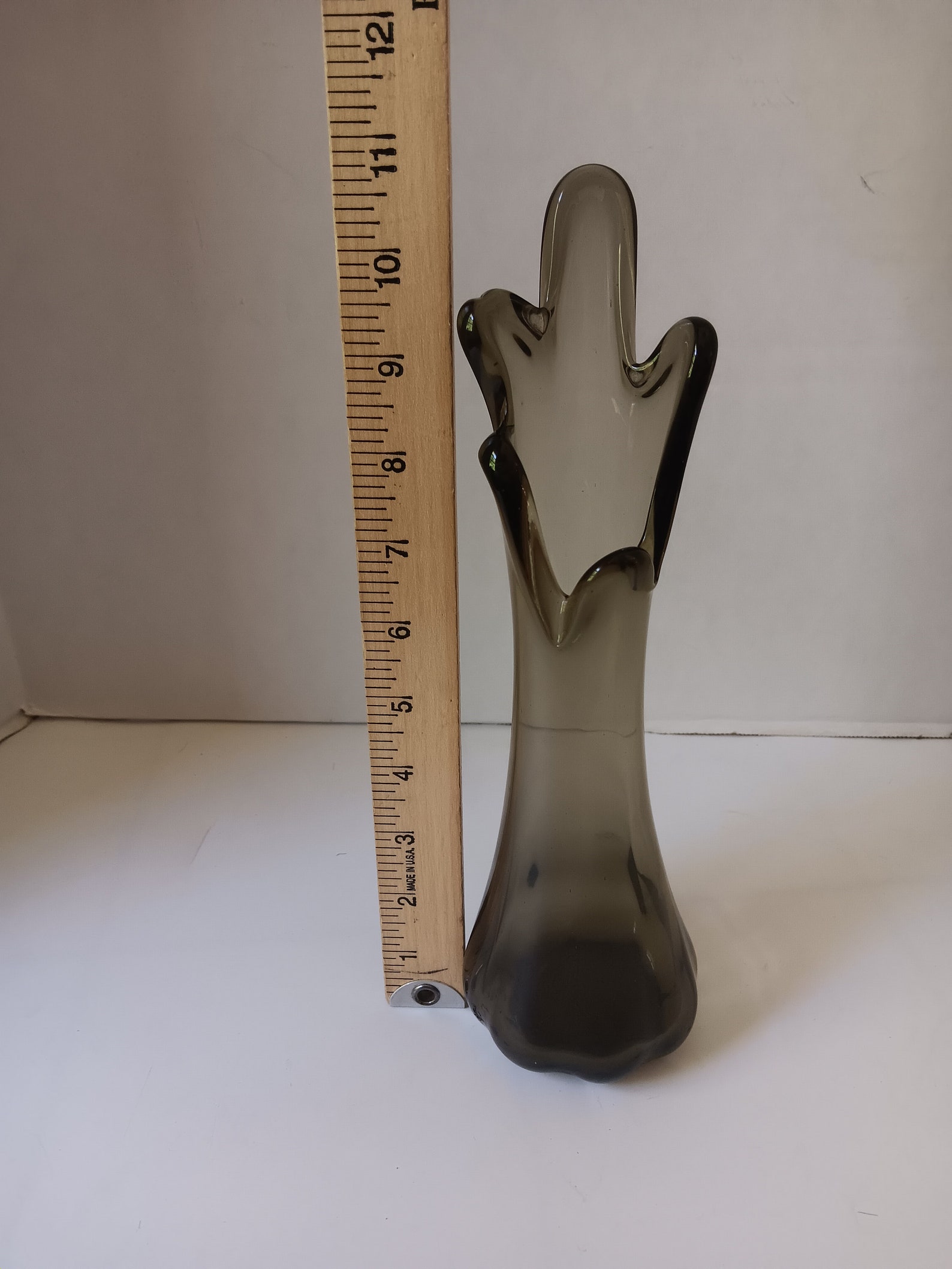 Vintage Mid-Century MCM Smoke Gray Glass 10" Swung Vase Decor. 5 finger - Image 2