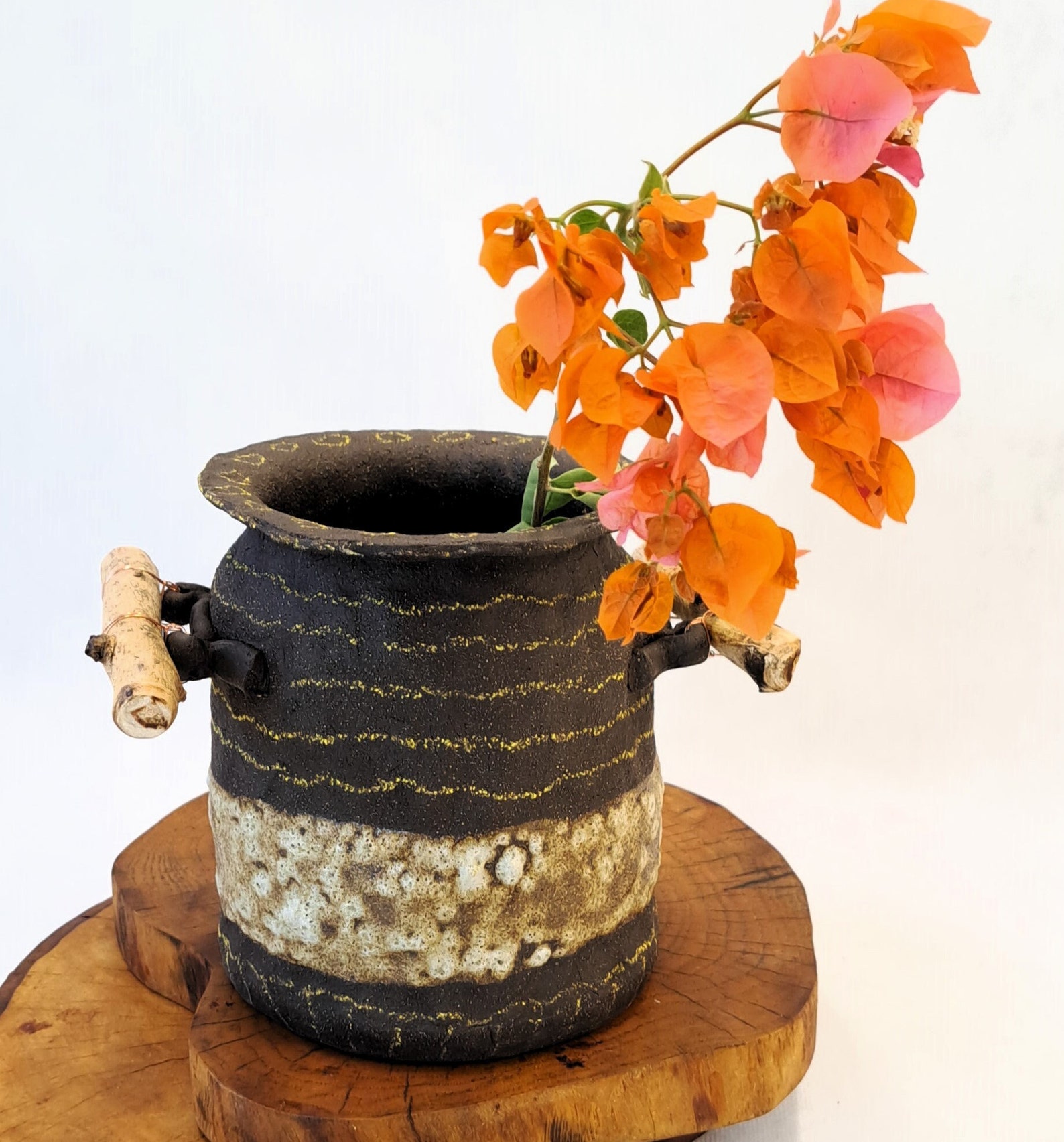 Rustic Chic Ceramic Vase With Natural Branch Handles - Image 2