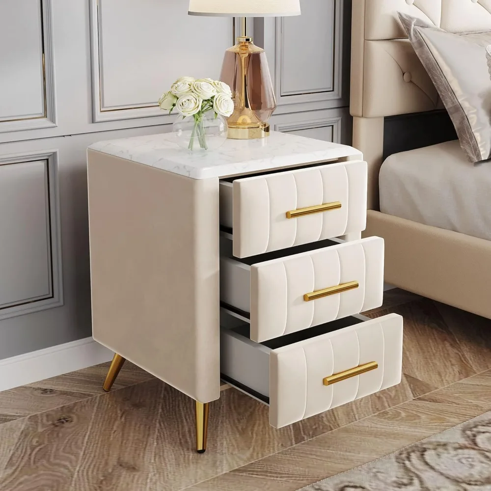 Velvet Nightstand with 3 Drawers, Upholstered Nightstand with Faux Marble Top, Bedside Table Furniture,End Table with Metal Legs