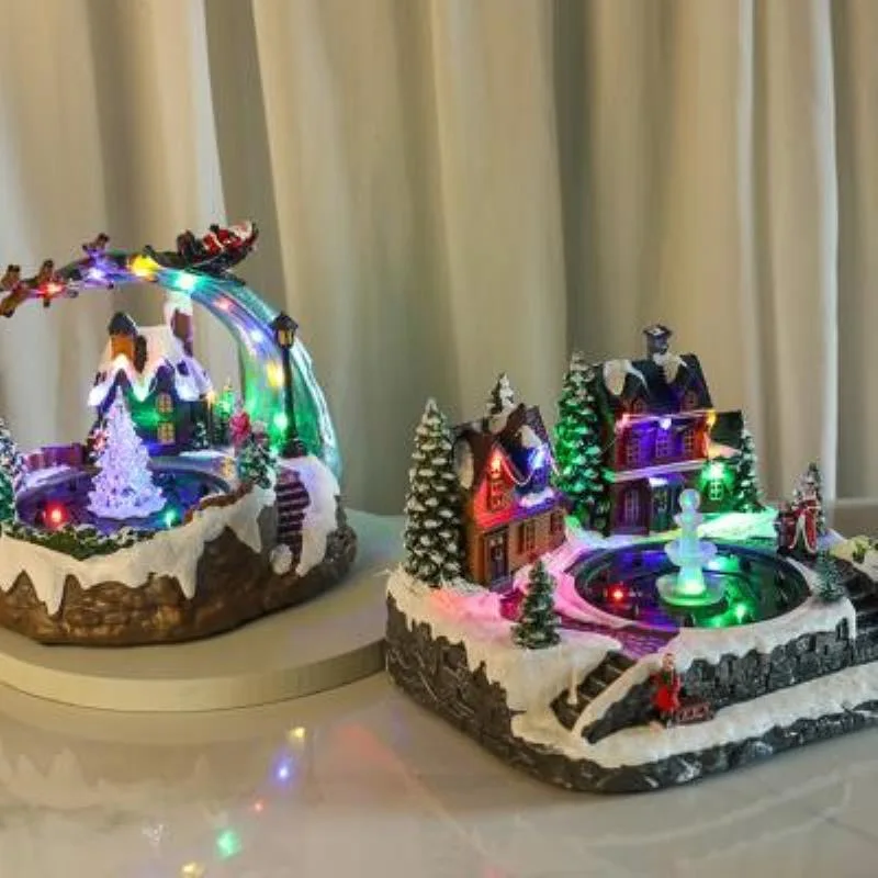 Christmas Scene Village House Figurine Colorful LED Lighted Musical Fountain Home Decoration for Xmas Desktop Bedroom - Image 3