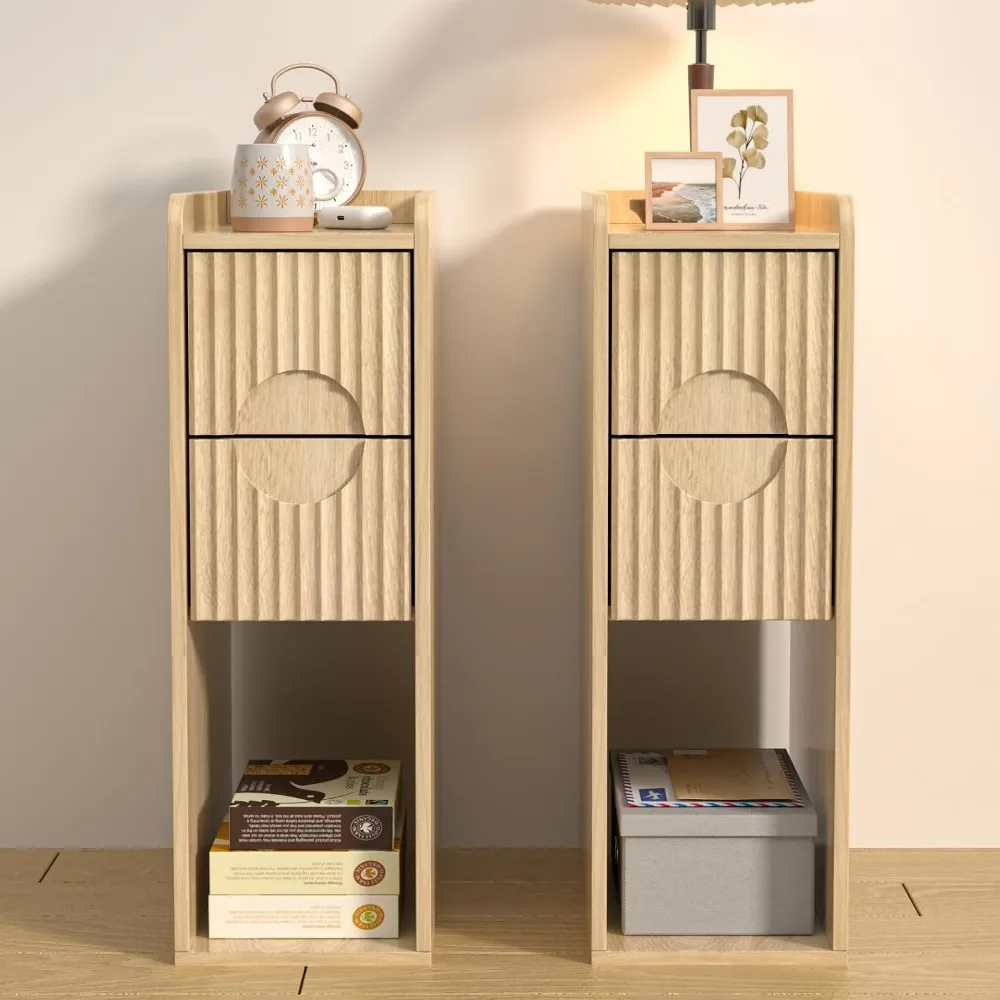 Fluted Nightstand Set of 2, Wood 2 Drawer Narrow Nightstand, Slim Side Table, Modern Boho End Bedside Table, Natural Wood