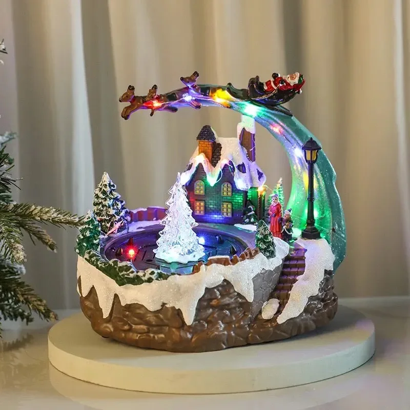 Christmas Scene Village House Figurine Colorful LED Lighted Musical Fountain Home Decoration for Xmas Desktop Bedroom - Image 4