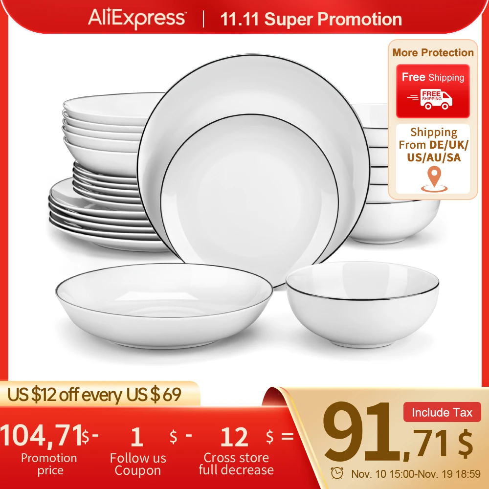MALACASA AMELIA 24/48 Piece Porcelain Plates Sets with 12*Soup Dinner Plates Dinnerware Set Service for 12/24 Person