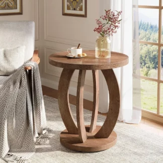 Round Side Table with Storage Shelf, Farmhouse Style Nightstand for Bedroom or Living Room
