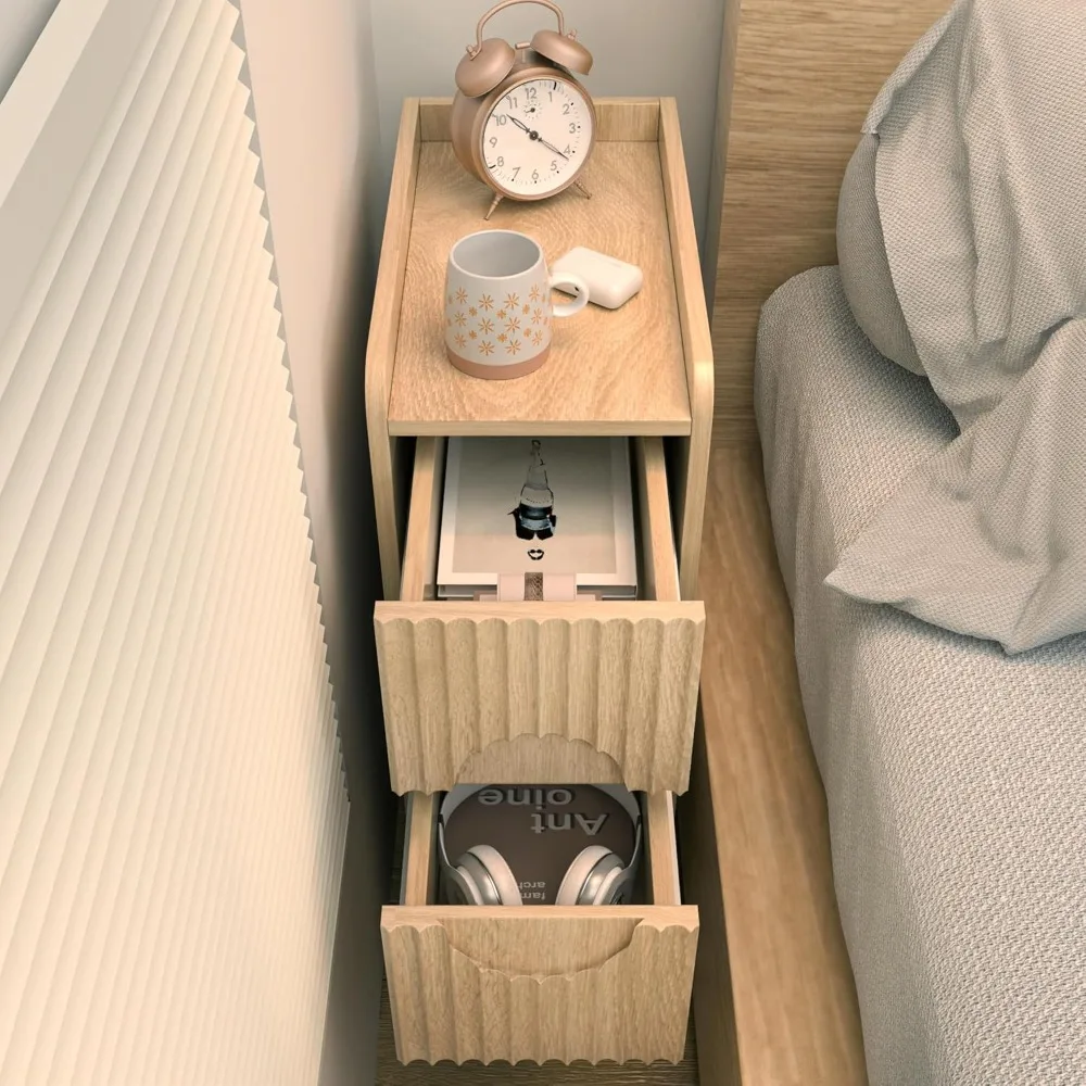 Fluted Nightstand Set of 2, Wood 2 Drawer Narrow Nightstand, Slim Side Table, Modern Boho End Bedside Table, Natural Wood - Image 4