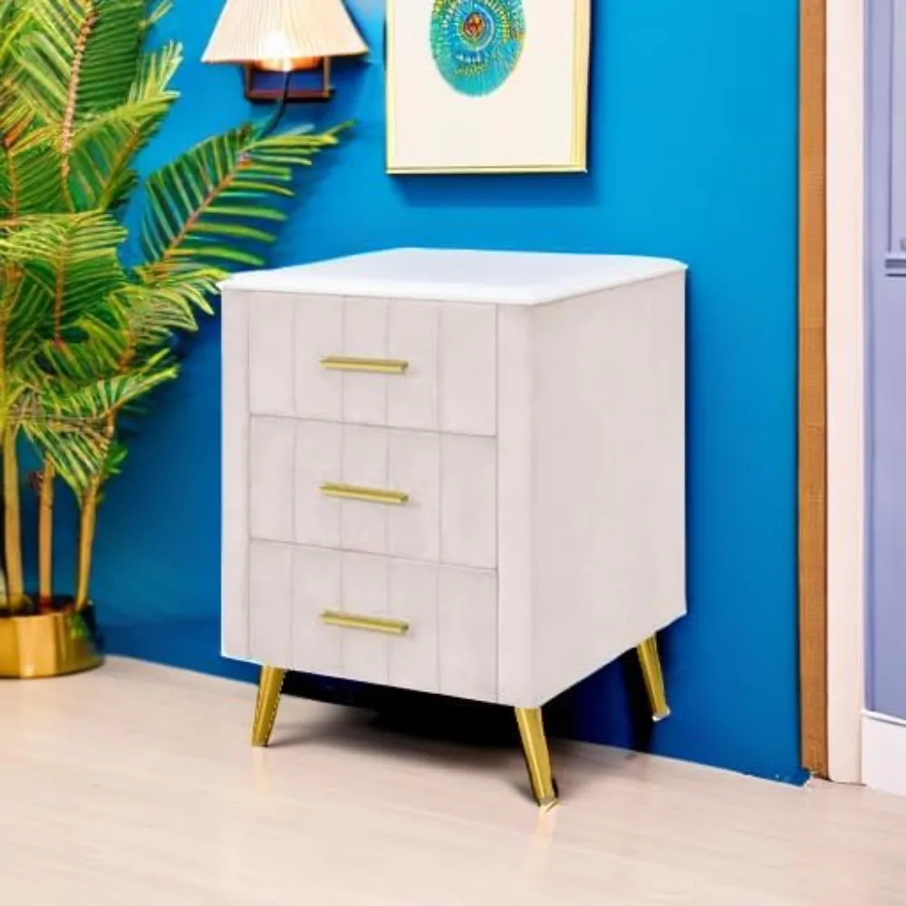 Velvet Nightstand with 3 Drawers, Upholstered Nightstand with Faux Marble Top, Bedside Table Furniture,End Table with Metal Legs - Image 4