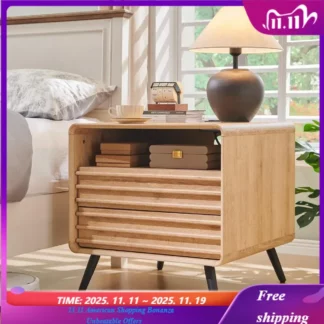 24" Mid-Century Fluted Nightstand - Wooden End Table with Charging Station, 2 Drawers & Open Cubby Storage