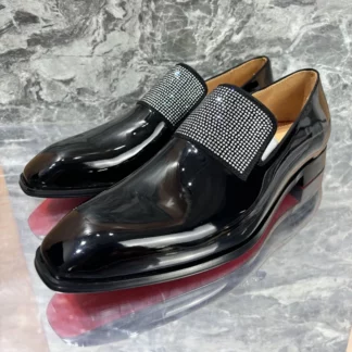 New Stylish Men's Black Patent Leather Shoes Luxury Rhinestone Loafers